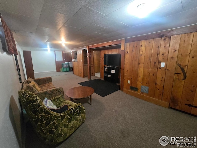 finished basement with wooden walls and carpet floors