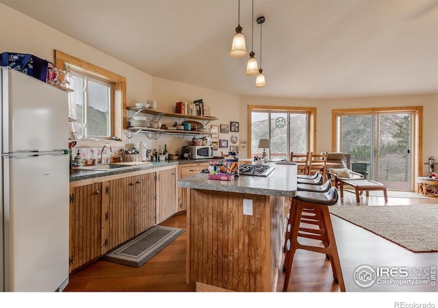 kitchen with a sink, open shelves, a kitchen island, wood finished floors, and appliances with stainless steel finishes