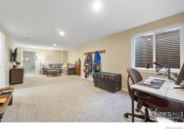 112 Cobble Dr, Windsor, CO 80550 - office area featuring carpet flooring, baseboards, and recessed lighting