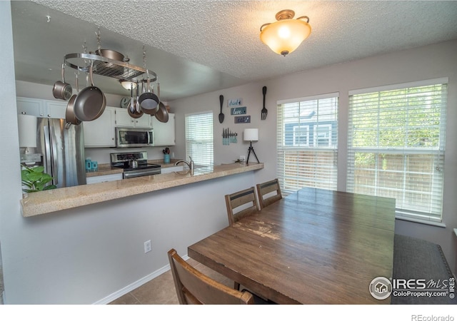 kitchen with a sink, a peninsula, stainless steel appliances, a textured ceiling, and white cabinets
