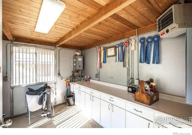 bathroom featuring water heater, wooden ceiling, a wall mounted air conditioner, and beamed ceiling