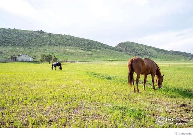 view of mountain backdrop featuring rural landscape and a pastoral area