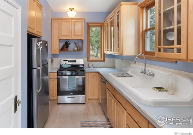 kitchen featuring appliances with stainless steel finishes, light brown cabinets, light countertops, and plenty of natural light