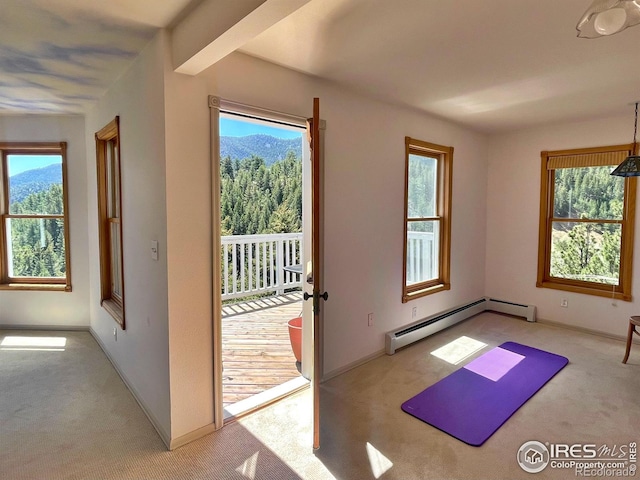 exercise room with light colored carpet, a baseboard heating unit, and plenty of natural light
