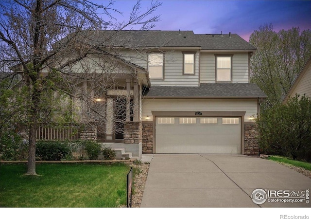 view of front of home featuring concrete driveway, stone siding, an attached garage, and a shingled roof
