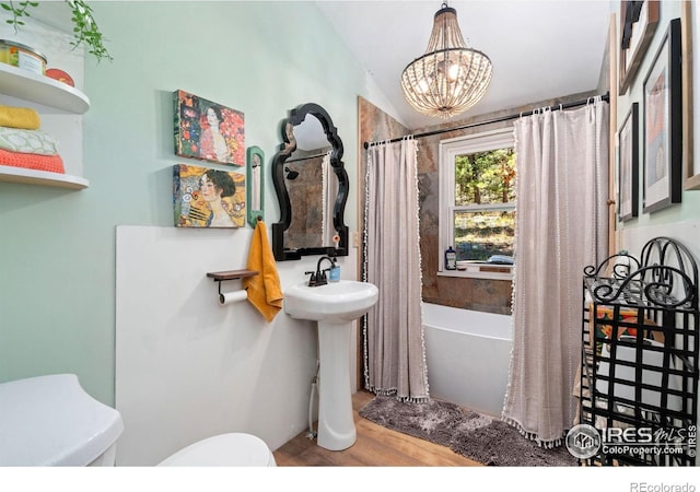 bathroom with toilet, curtained shower, wood finished floors, and a notable chandelier