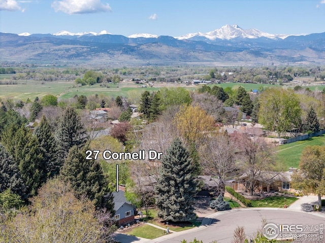 drone / aerial view featuring a mountain view