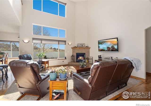 7084 Sumner St, Wellington, CO 80549 - living room featuring baseboards, a fireplace, a high ceiling, and wood finished floors