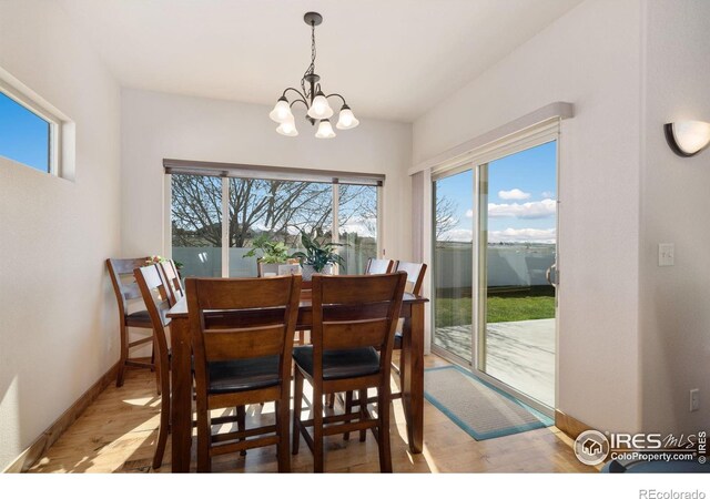 7084 Sumner St, Wellington, CO 80549 - dining area featuring light wood finished floors, an inviting chandelier, and baseboards