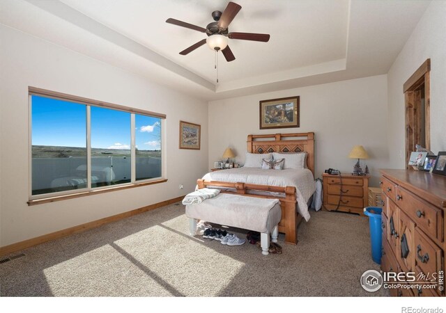 7084 Sumner St, Wellington, CO 80549 - carpeted bedroom featuring a tray ceiling, visible vents, and baseboards