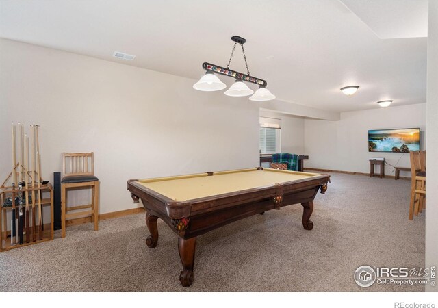 7084 Sumner St, Wellington, CO 80549 - recreation room featuring carpet, billiards, baseboards, and visible vents