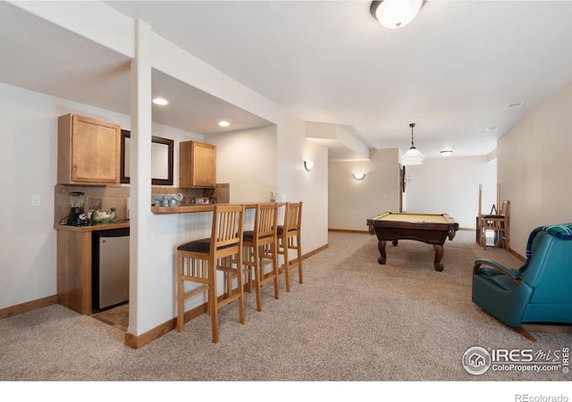 7084 Sumner St, Wellington, CO 80549 - playroom with billiards, light colored carpet, baseboards, and bar