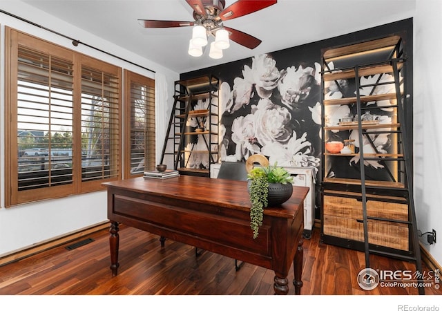 14582 Homestead Pl, Broomfield, CO 80023 - office area featuring wood finished floors, ceiling fan, and baseboards