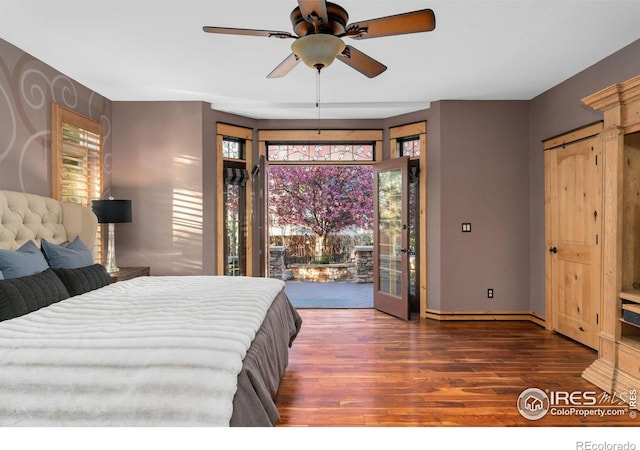 14582 Homestead Pl, Broomfield, CO 80023 - bedroom with access to outside, wood finished floors, baseboards, and a ceiling fan