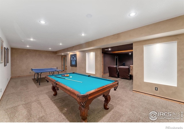 14582 Homestead Pl, Broomfield, CO 80023 - rec room featuring carpet floors, recessed lighting, billiards table, and baseboards