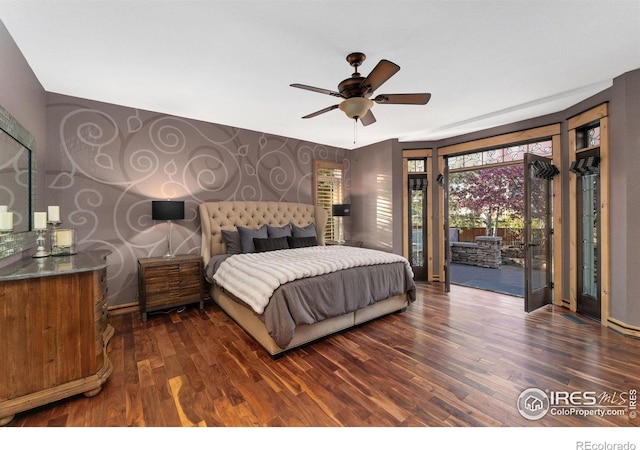 14582 Homestead Pl, Broomfield, CO 80023 - bedroom featuring access to outside, dark wood-style flooring, baseboards, and a ceiling fan