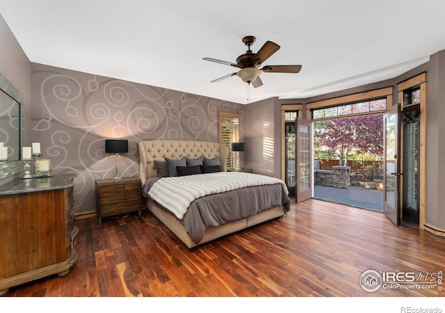 14582 Homestead Pl, Broomfield, CO 80023 - bedroom featuring access to outside, dark wood-type flooring, baseboards, and a ceiling fan