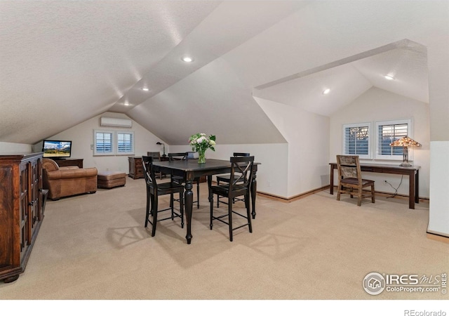 14582 Homestead Pl, Broomfield, CO 80023 - carpeted dining space with lofted ceiling, a wall mounted air conditioner, baseboards, recessed lighting, and a textured ceiling