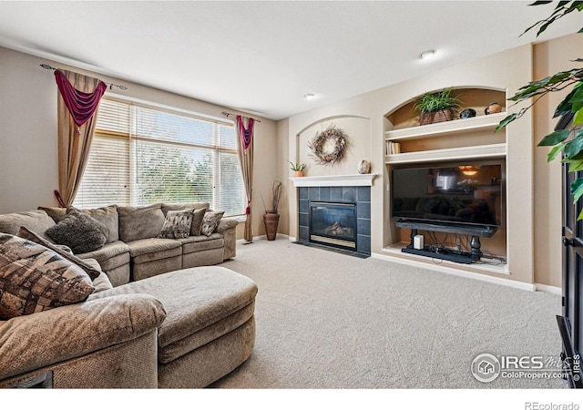 10305 Charissglen Cir, Highlands Ranch, CO 80126 - living area featuring a tiled fireplace, carpet flooring, and built in features