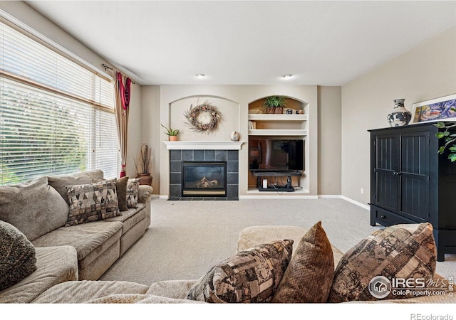 10305 Charissglen Cir, Highlands Ranch, CO 80126 - carpeted living area with built in shelves and a tile fireplace