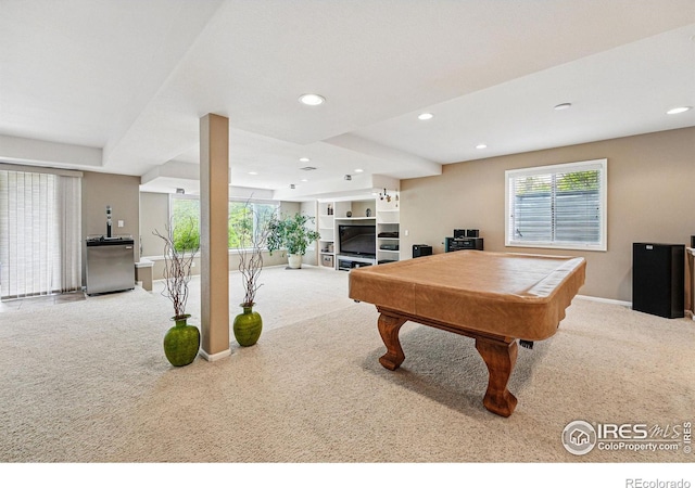 10305 Charissglen Cir, Highlands Ranch, CO 80126 - rec room featuring light colored carpet, recessed lighting, and billiards table