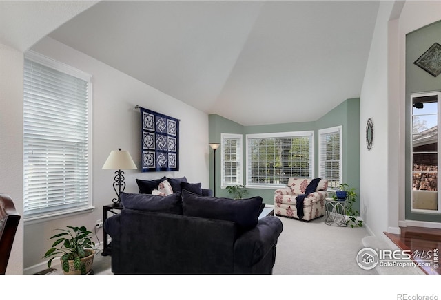 1809 Keel Ct, Lafayette, CO 80026 - living room featuring lofted ceiling, carpet, and baseboards