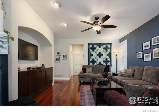 1809 Keel Ct, Lafayette, CO 80026 - living area featuring dark wood-style flooring, baseboards, a ceiling fan, and visible vents
