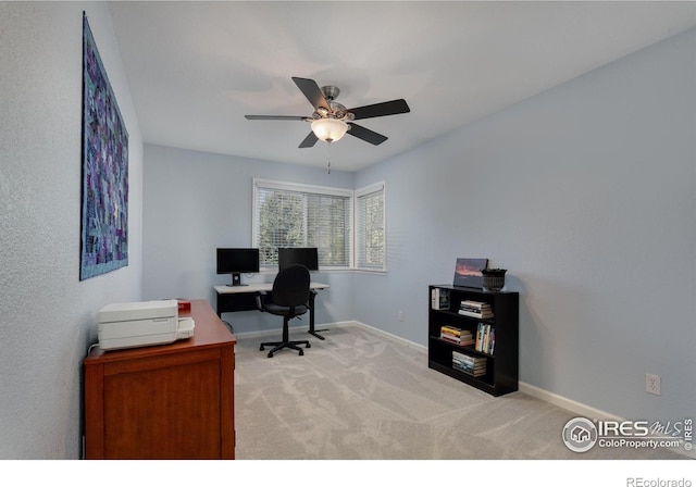 1809 Keel Ct, Lafayette, CO 80026 - home office with baseboards, ceiling fan, and light colored carpet