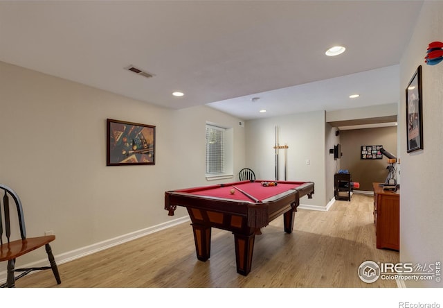 1809 Keel Ct, Lafayette, CO 80026 - rec room with billiards, light wood finished floors, baseboards, and recessed lighting