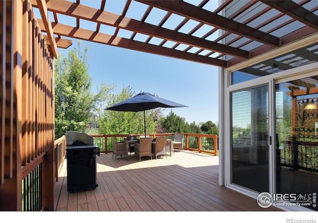 1809 Keel Ct, Lafayette, CO 80026 - wooden terrace featuring a pergola, outdoor dining space, and a grill