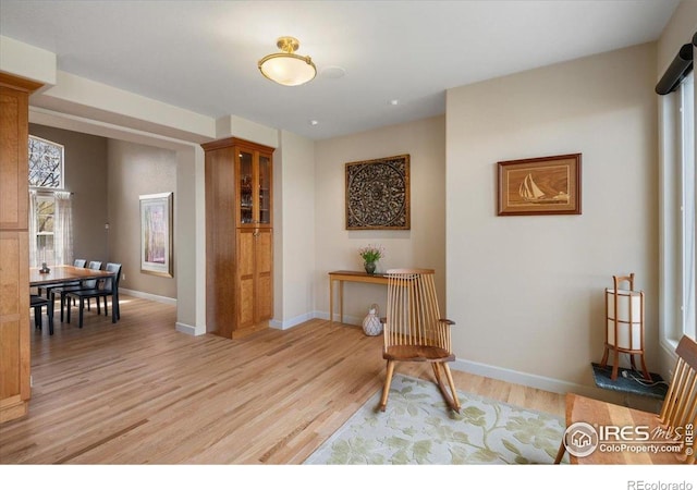 living area with light wood-style flooring and baseboards