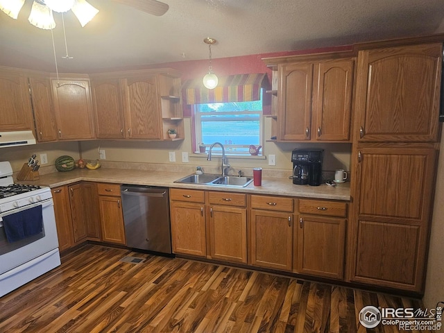 kitchen with white gas range oven, a sink, open shelves, stainless steel dishwasher, and exhaust hood