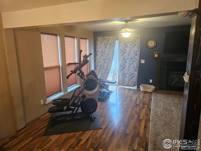 workout room featuring a tiled fireplace, wood finished floors, and ceiling fan
