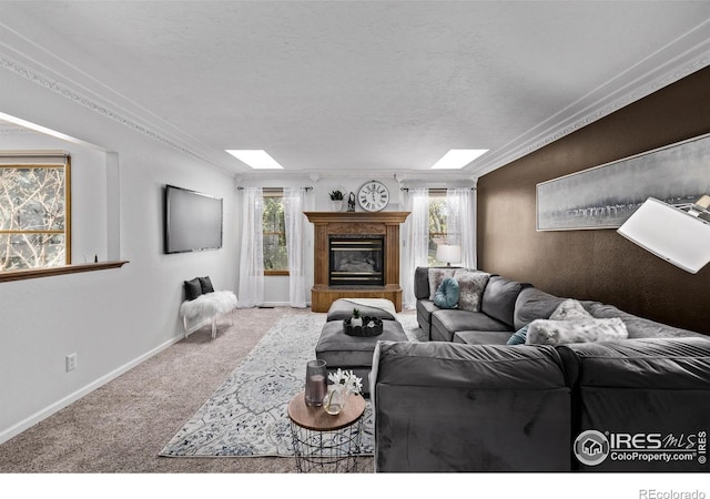 living room featuring a textured ceiling, baseboards, a glass covered fireplace, crown molding, and carpet floors