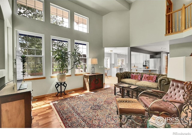 2206 Eagles Nest Dr, Lafayette, CO 80026 - living area with baseboards, light wood-style floors, and a towering ceiling