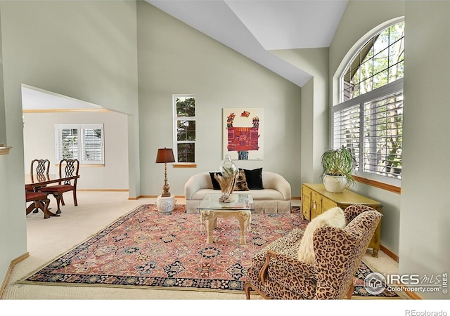 2206 Eagles Nest Dr, Lafayette, CO 80026 - living room featuring high vaulted ceiling, a wealth of natural light, carpet floors, and baseboards
