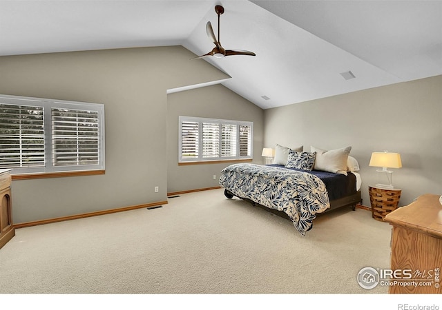 2206 Eagles Nest Dr, Lafayette, CO 80026 - bedroom with carpet, baseboards, visible vents, ceiling fan, and vaulted ceiling