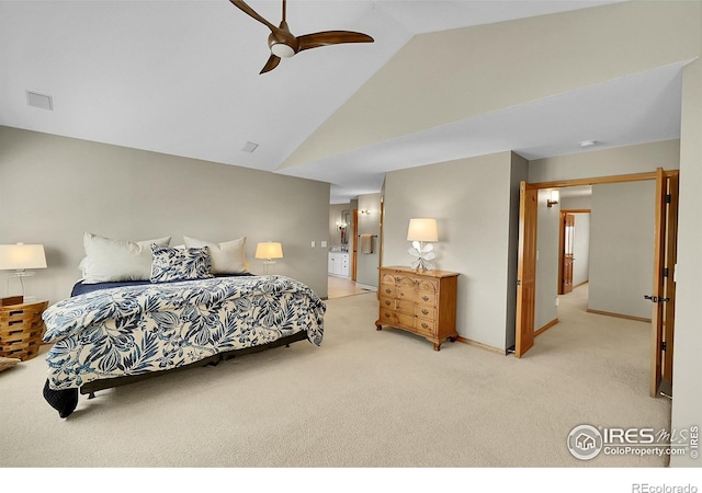 2206 Eagles Nest Dr, Lafayette, CO 80026 - bedroom featuring baseboards, ceiling fan, visible vents, high vaulted ceiling, and light carpet