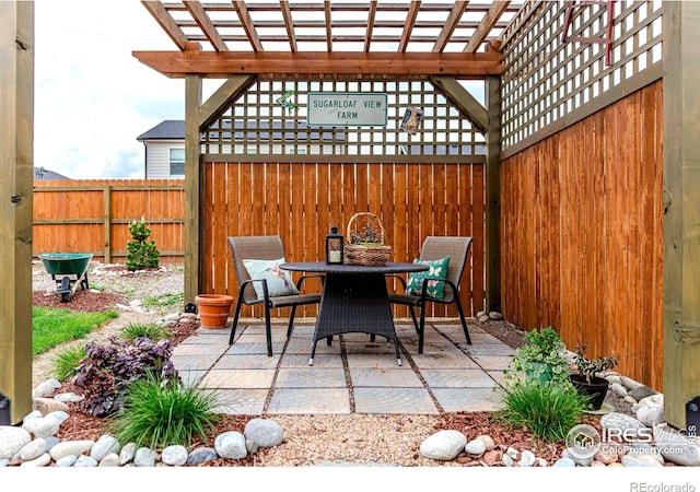 506 Bobcat Ct, Wiggins, CO 80654 - view of patio with a fenced backyard, a pergola, and outdoor dining area