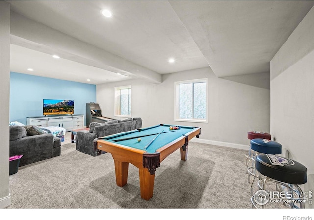 recreation room featuring carpet, plenty of natural light, billiards, recessed lighting, and baseboards