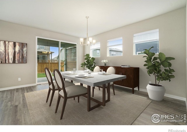 dining room featuring baseboards, a notable chandelier, and wood finished floors