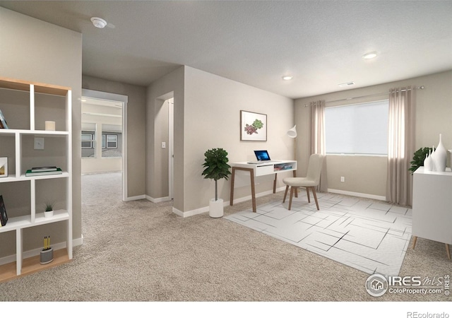 carpeted home office featuring baseboards and recessed lighting