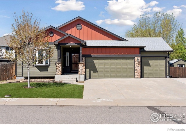 9137 Harlequin Cir, Frederick, CO 80504 - craftsman inspired home with a garage, board and batten siding, driveway, and stone siding