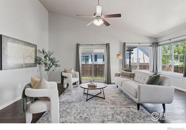 9137 Harlequin Cir, Frederick, CO 80504 - living room featuring lofted ceiling, wood finished floors, baseboards, and ceiling fan