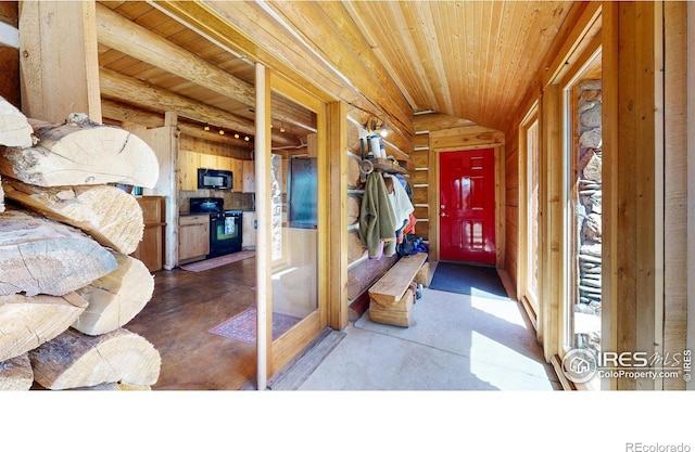 mudroom featuring wood ceiling and finished concrete flooring