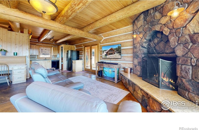 living room with a fireplace, wood ceiling, beamed ceiling, and log walls