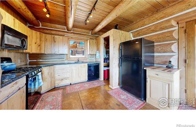 kitchen with black appliances, rail lighting, wooden ceiling, light brown cabinetry, and wood walls