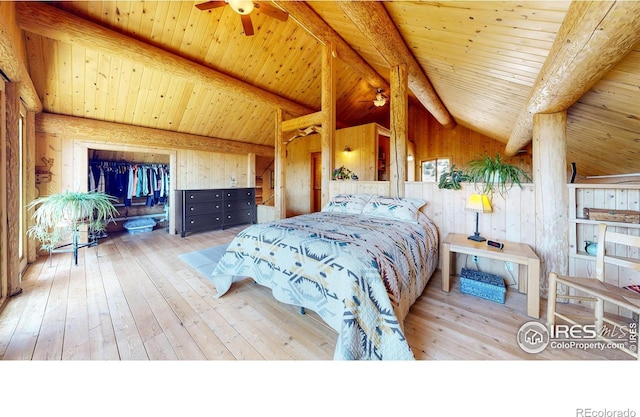 bedroom with hardwood / wood-style floors, wood ceiling, and wood walls