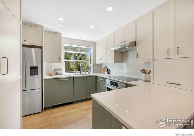 536 W Sycamore Cir, Louisville, CO 80027 - kitchen with appliances with stainless steel finishes, under cabinet range hood, light wood-style floors, recessed lighting, and a sink