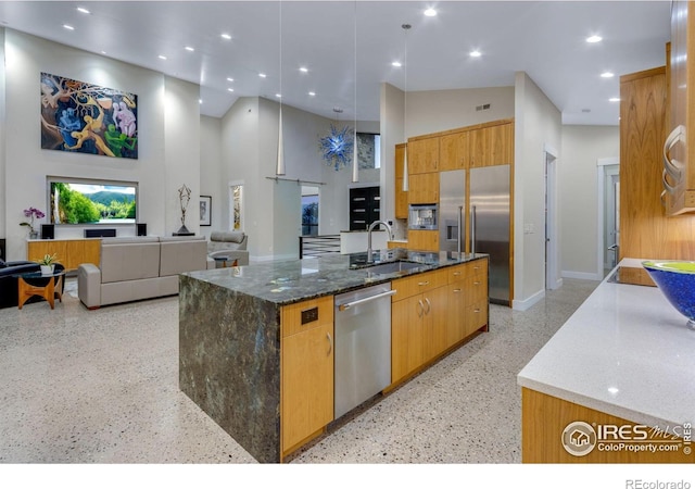 9360 Gold Mine Rd, Loveland, CO 80538 - kitchen featuring a sink, appliances with stainless steel finishes, dark speckled floor, a towering ceiling, and dark stone countertops